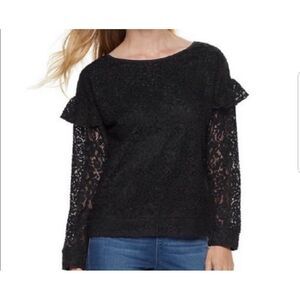 Juicy Couture Black Lace Ruffle Shoulder Sheer Long Sleeve‎ Top Blouse Medium